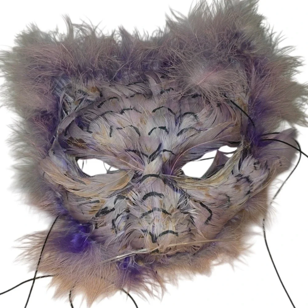 Marti‎ Gras Cat Kitten Purple Mask Vintage Handmade feathers whiskers